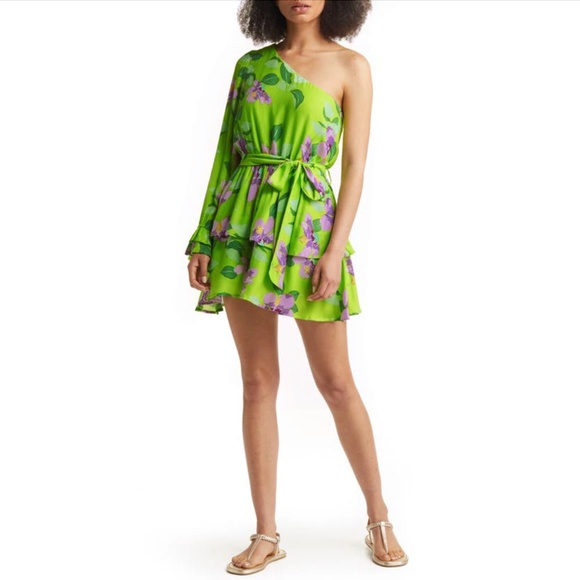 BTFL-LIFE: Floral Print One-shoulder Romper In Green/ Lavender (NWT)